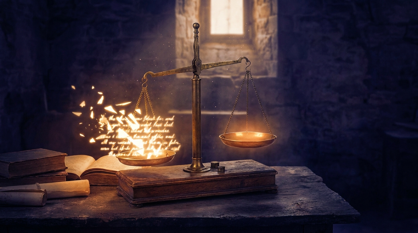 A balance: one pan full of words (reportable), the other an empty glowing pan (experience?)