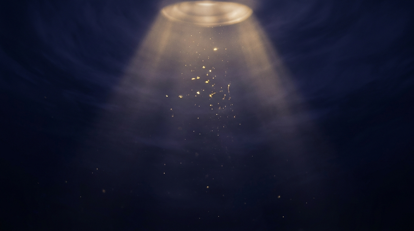 A cone of light draws a few golden points up out of the surrounding darkness