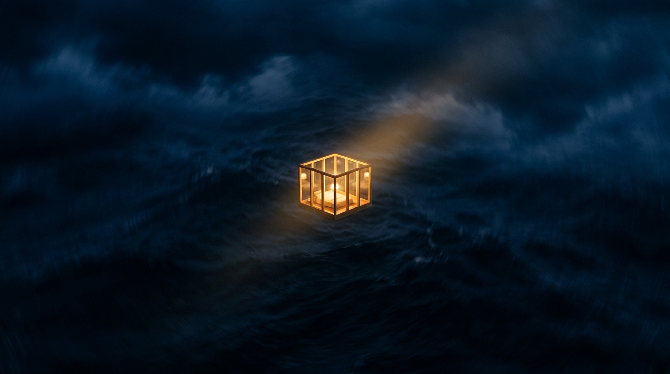 A small golden lantern-lit room suspended in a dark ocean — the J-space